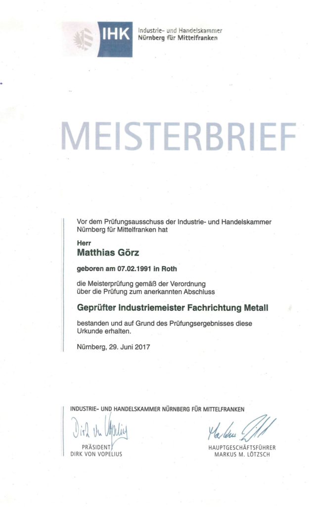 Meisterbrief Matthias Görz