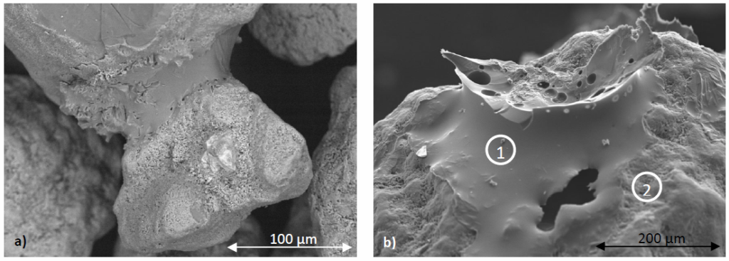 Figure a shows a grain of sand connected to another grain of sand by a hardened fluid bridge of ash. Picture b shows the surface of a sand grain with hardened fluid bridge, where the other sand grain has broken away.