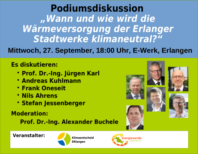 Podiumsdiskussion „Wann und wie wird die Wärmeversorgung der Erlanger Stadtwerke klimaneutral?“
